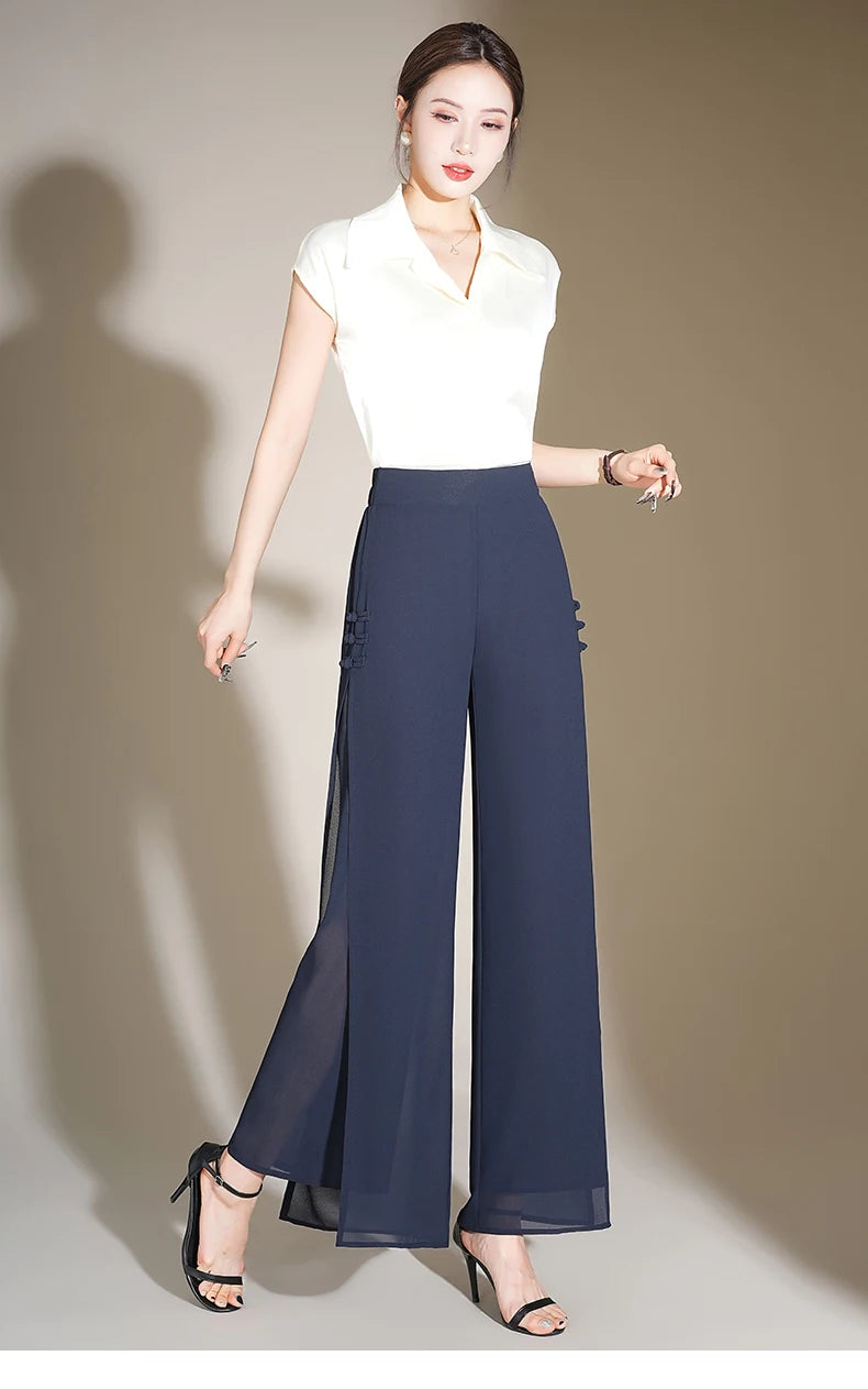 ZUZK Slit Chiffon Long Pants Summer Comfortable Elastic Waist Slim Double Layer Chiffon Pants Chic Droop Chinese Style Pants