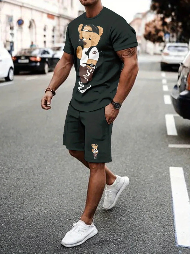 Men's Summer Short Sleeve Set Hip Hop Cartoon Bear Print Short Sleeve Top Shorts Casual Two-piece Outdoor Urban Street Fashion