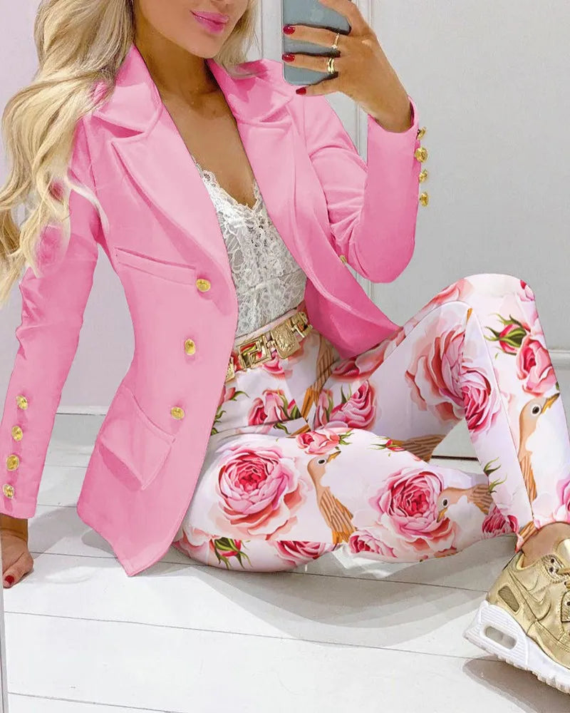 Fashion Butterfly Print Blazer Suit and Pants Two Piece Set for Women 2023 Autumn Winter Outfit Office Lady Casual Clothing