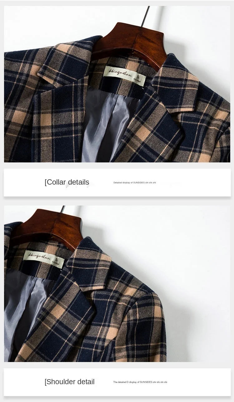 PEONFLY Vintage Casual Plaid Blazer Women Fashion Single Button Office Ladies Jacket Coat Notched Collar Long Sleeve Jacket 2023