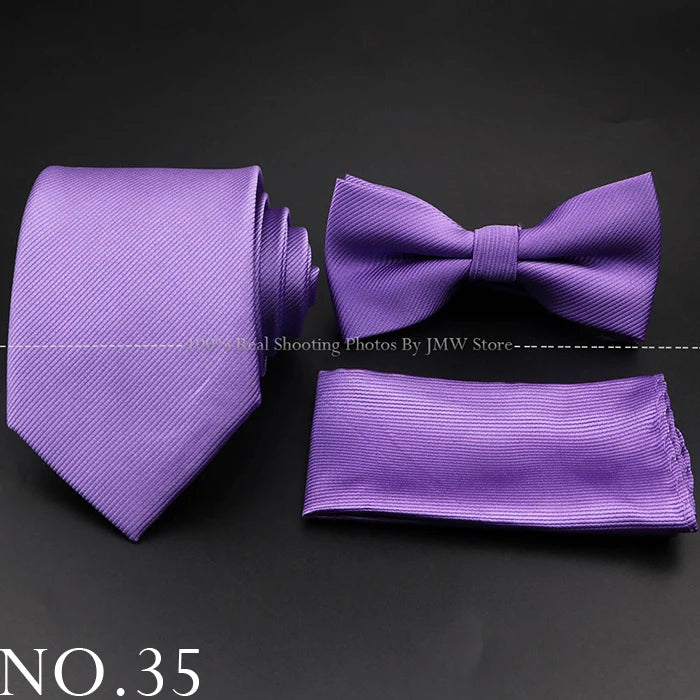 Hot Sale Red Blue Tie Set Polyester Slim Striped Necktie Bowtie Cufflink Brooch For Groom Suit Wedding Cravat Shirt Accessory