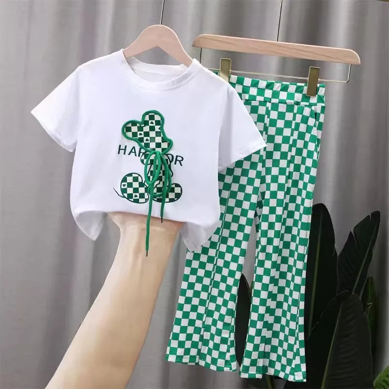 Girl's Sports Suit Summer Children Short-sleeved Sets 2025 New Kids T-shirt+Flare Pants 2Pcs Outfits 2-10Y Girl Cartoon Clothing