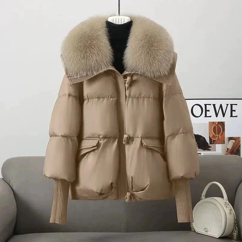 2025 Down Jacket Women Winter Coat New Fashion Warm Thick Short Loose Cotton Splicing Fur Collar Quilted Coat Women Clothing