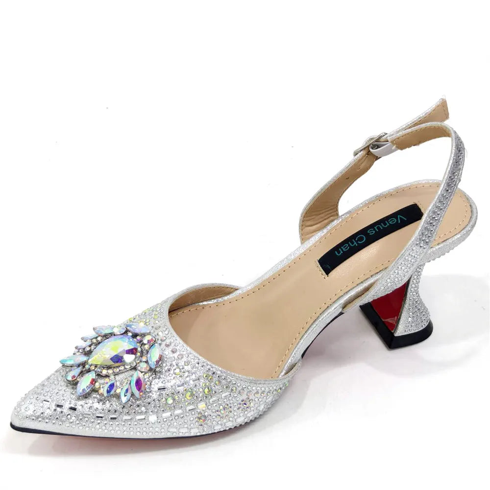 Nigerian Heel Party for Women Blue Color Shoes and Bag Set Rhinestone Handbag Italian Design Wedding INS 2025