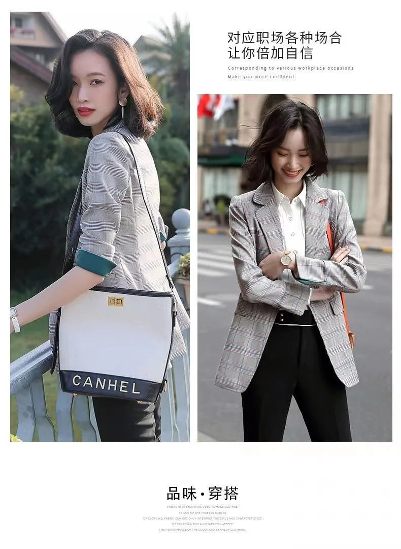 Women's Elegant Double-Breasted Blazer with Puff Sleeves and Faux Pockets - White, Long Sleeve, Mid-Length, High Stretch Fabric, Perfect for Spring and Fall, Everyday Chic, Formal Office Wear | Classic Notched Lapel | Functio