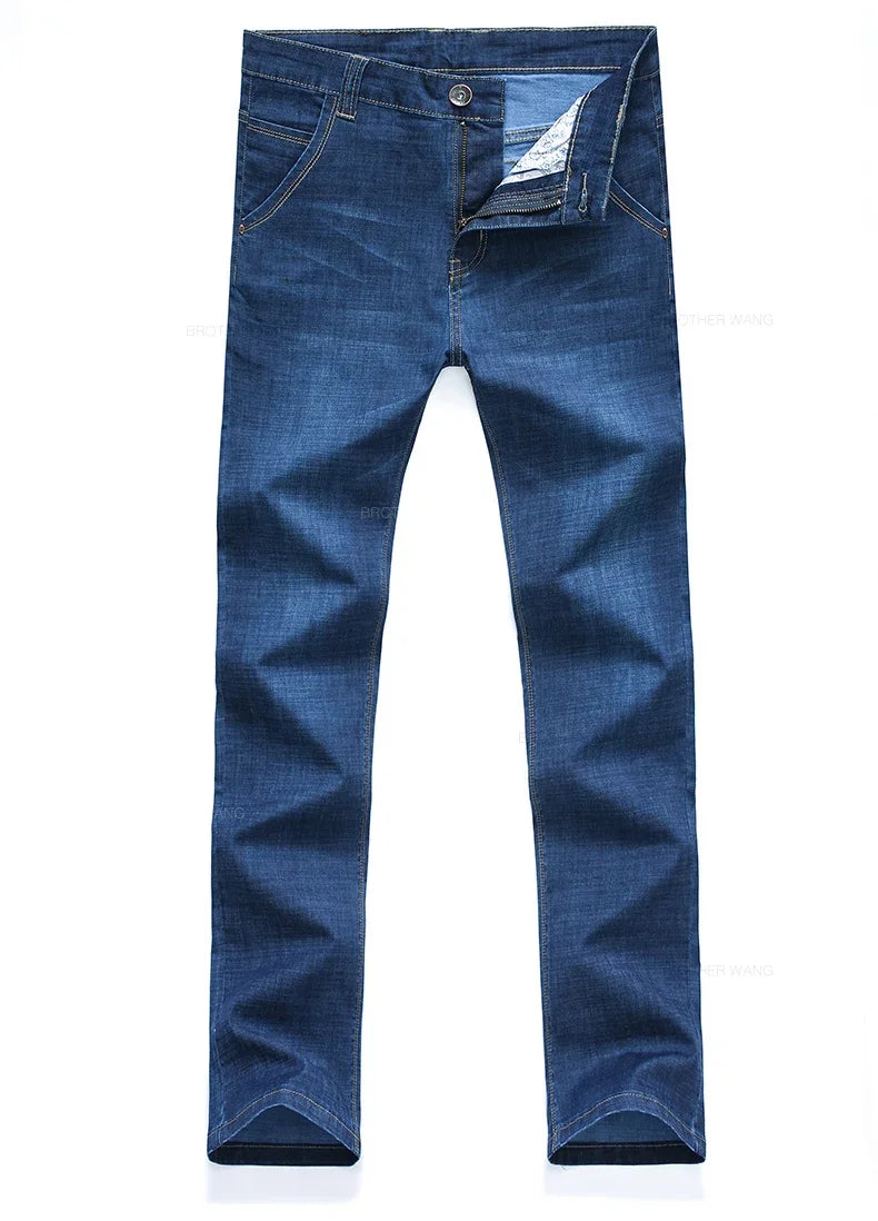 Summer Thin Men's Straight Jeans Classic Black Blue Stretch Casual Business Baggy Denim Pants Male Brand Trousers