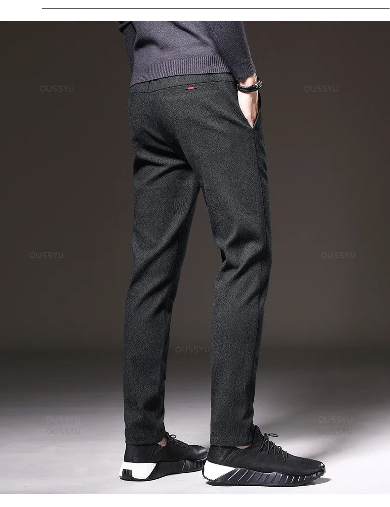 Autumn Winter New Classic Casual Pants Men Thick Business Korea Slim Fit Stretch Gray Blue Black Brushed Fabric Trousers Male