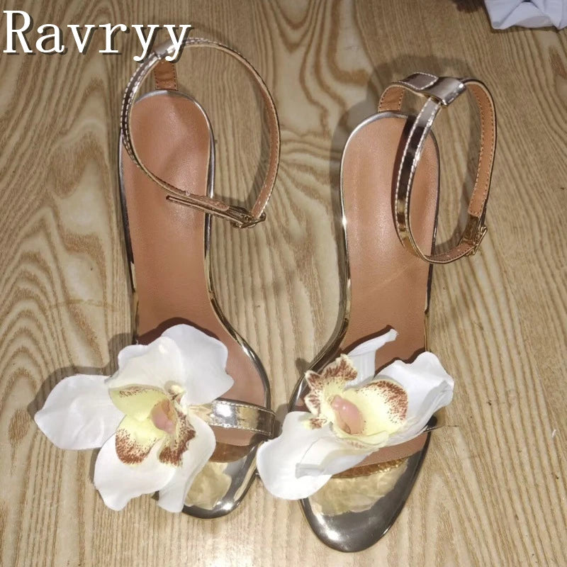 Women New Flower Decor Wedding Shoes Brand Design Thin High Heels Sandals Open Toe Summer Party Dress Shoes
