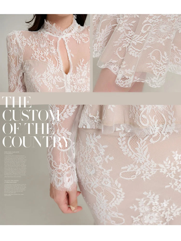 Spring Professional Woman Lace 2 Pieces Set Simple Tops + Vintage High Waist Mermaid Skirt Korean Skirts Suits