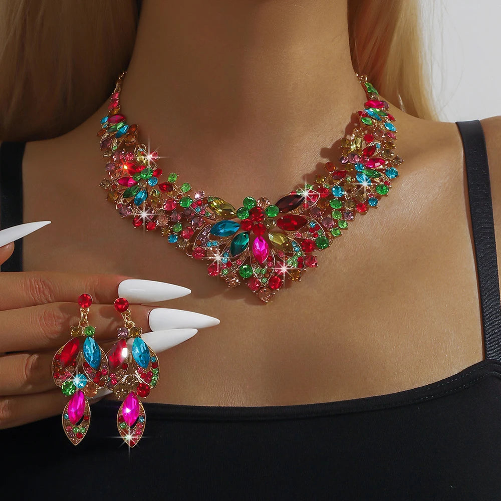 Wedding Bride Necklace Earrings Set Luxurious Simple Flower Rhinestone Clavicle Chain Necklace Eardrop Party Banquet Accessories