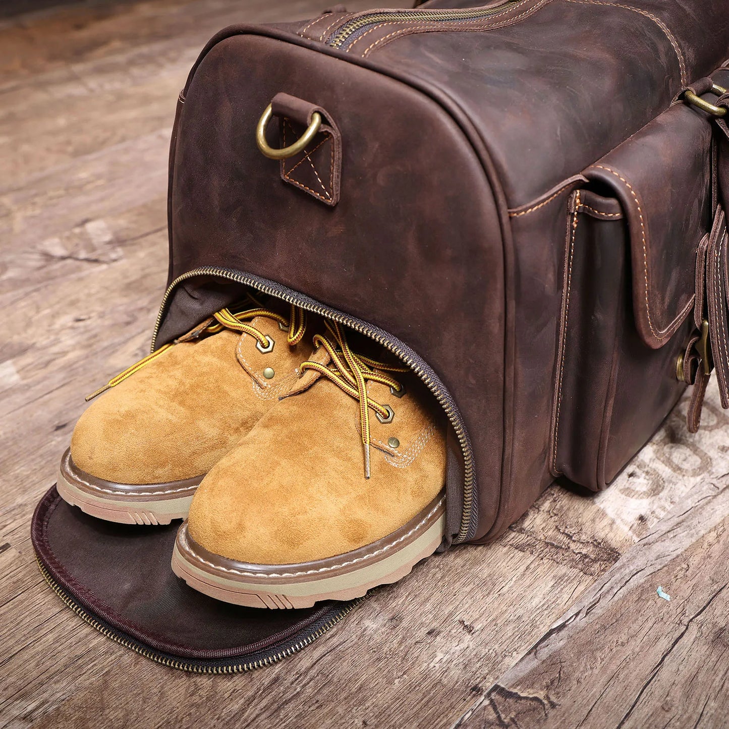 S.WORKER Vintage Genuine Leather Travel Bag Crazy-horse Cowhide Leather Duffel Bag Handicrafted Weekender Bag Gym Bag