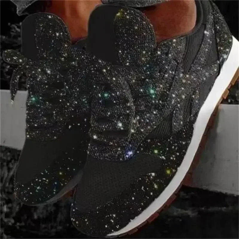 2024 New Women Flat Sneakers Casual Bling Vulcanized Shoes Women Mesh Lace Up Platform Plus Size Fashion Outdoor Woman Shoes