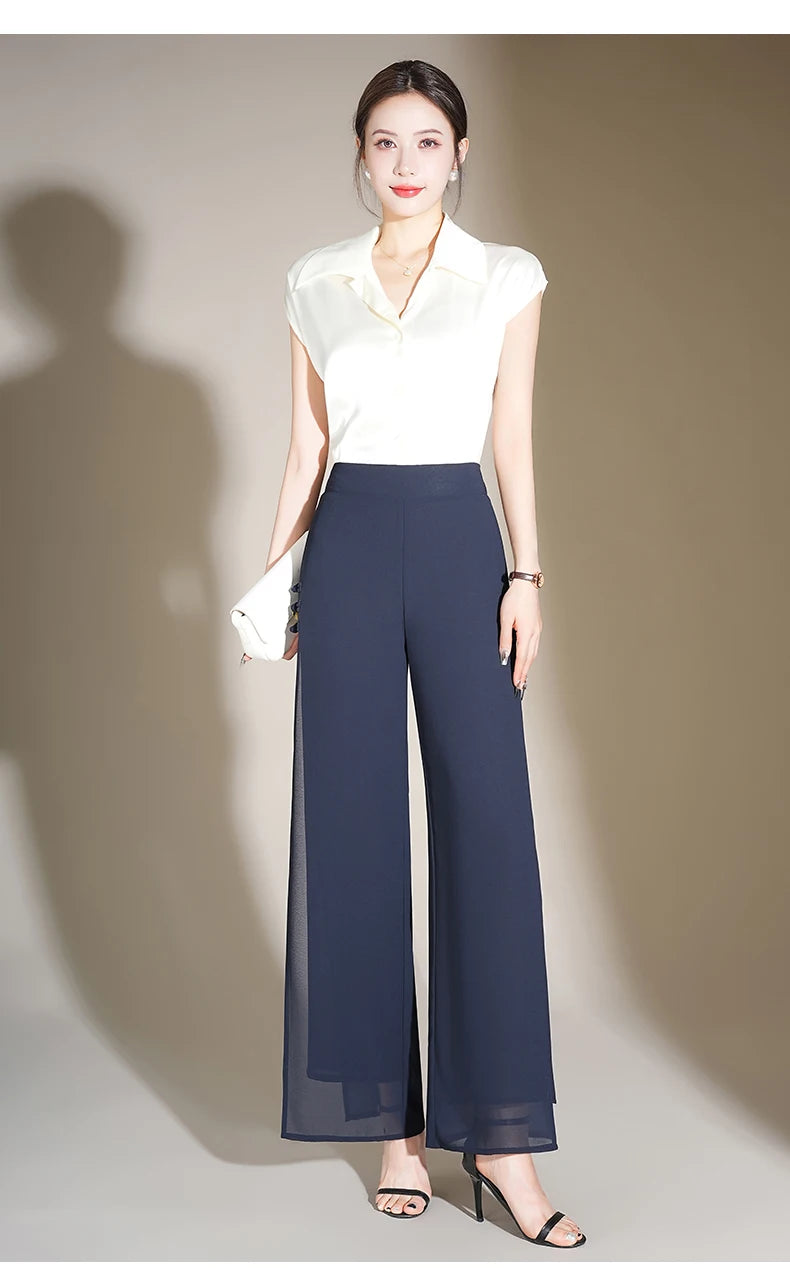 ZUZK Slit Chiffon Long Pants Summer Comfortable Elastic Waist Slim Double Layer Chiffon Pants Chic Droop Chinese Style Pants