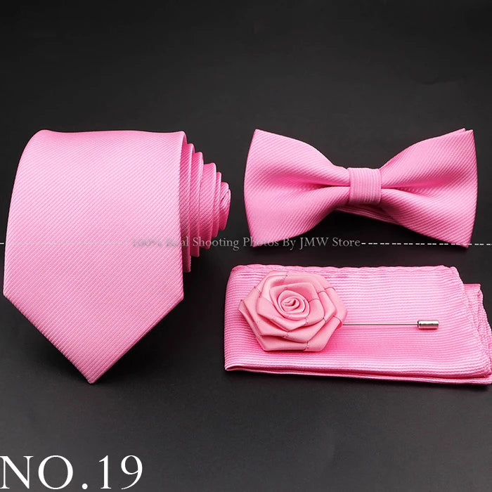 Hot Sale Red Blue Tie Set Polyester Slim Striped Necktie Bowtie Cufflink Brooch For Groom Suit Wedding Cravat Shirt Accessory
