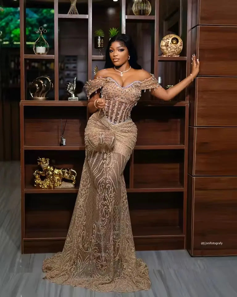 African Champagne Lace Prom Dresses with Rhinestones Off Shoulder Mermaid Black Girls Birthday Dress Formal Party Gowns Customiz