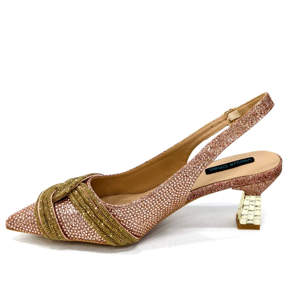 Venus Chan 2024 Special Design High Quality Orange Color African Women Shoes and Bag Set with Shinning Crystal for Wedding Party