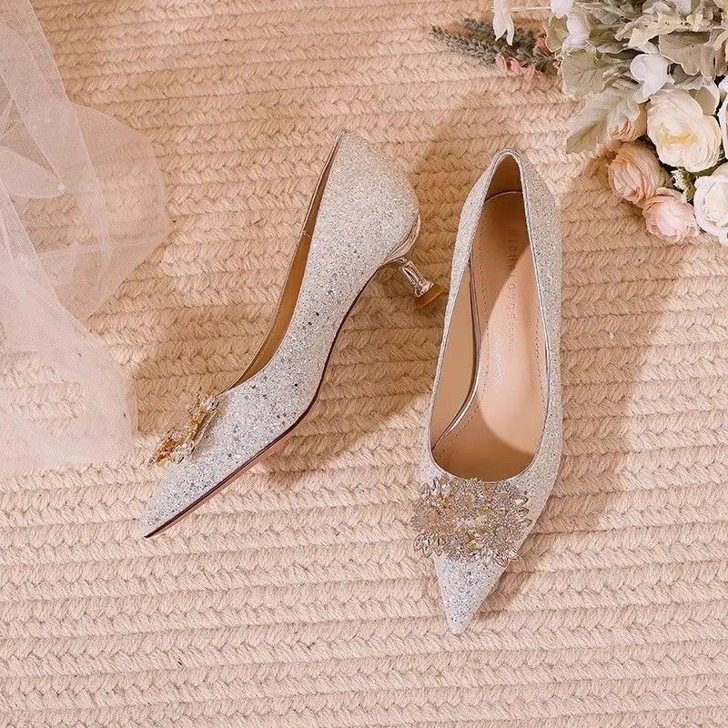 Ladies Pumps Pointed Toe Silver Rhinestone Low Heel Elegant Women's Shoes Bride Footwear 39 Vacation 2025 Trend on Offer Slip