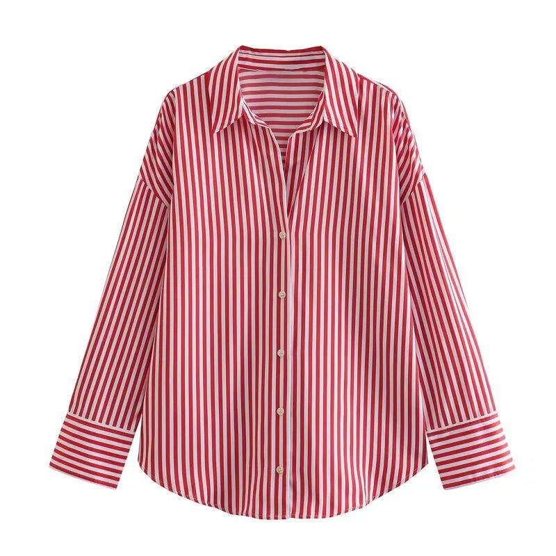 Traf 2025 women's spring new Europe-American fashion striped long sleeve lapel loose version poplin shirt multi-color selection
