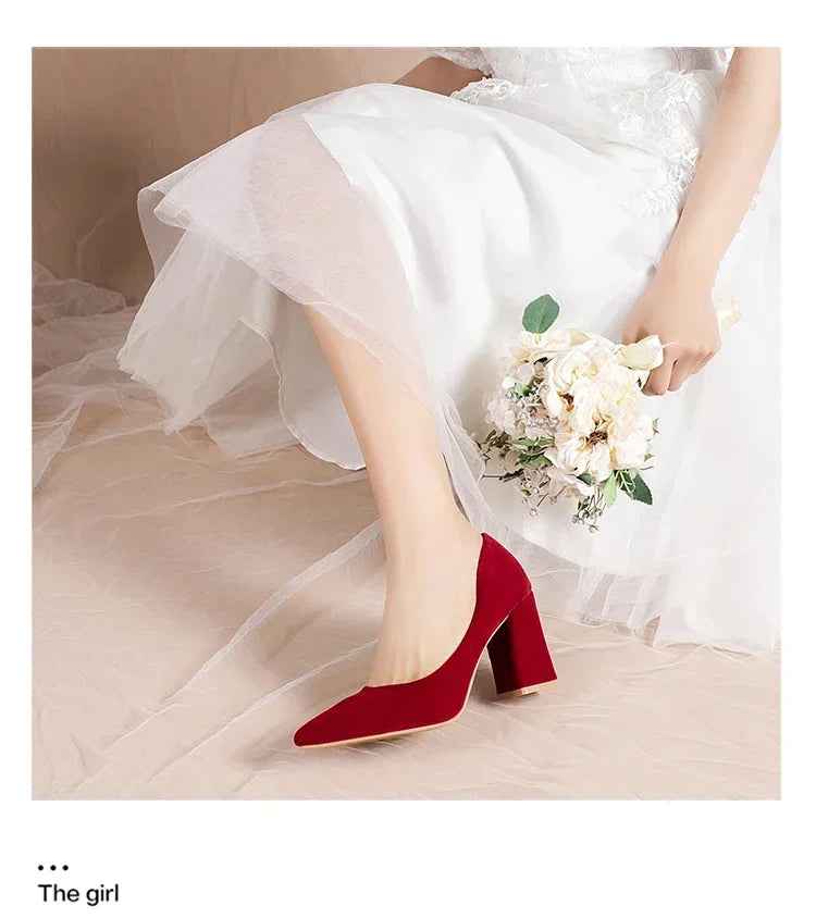 French Red Wedding Shoes for Women 2024 Spring/Summer/Autumn New Pointed Thick Heels Not Tiring Feet Bride Shoes