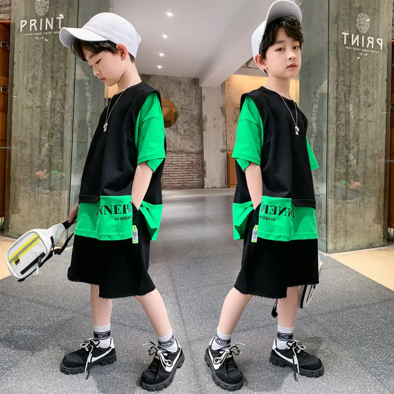Summer Children Boy Clothes Set Kid Faux Two-piece Letterr Printed Tshirts and Shorts 2 Pieces Suit Teenage Top Bottom Outfits
