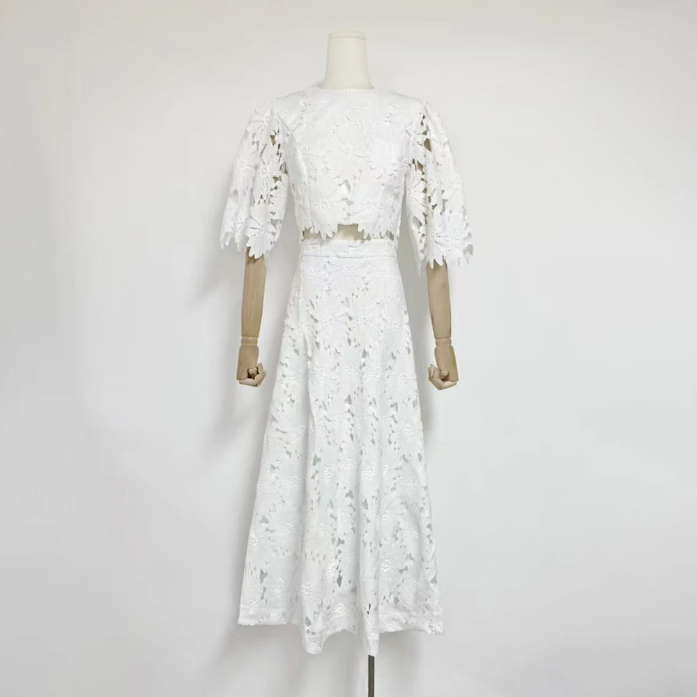 VGH Embroidery Two Piece Set for Women O Neck Batwing Sleeve Top High Waist Hollow Out A Line Long Skirt Elegant Suit Female New