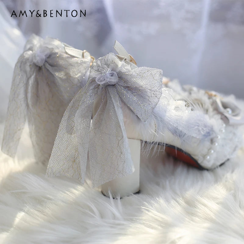 Original Handmade Lolita High Heels Heavy Industry Feather Stitching Pearl Bow Lace Platform Shoes Round Head Princess Heels