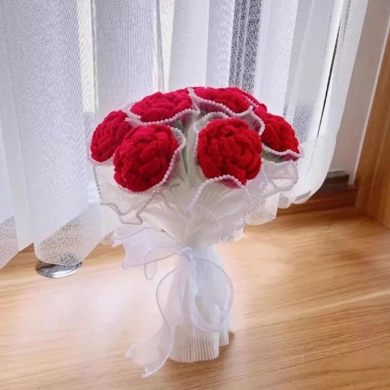 Handmade Knitted Crochet Artificial Rose Bouquet DIY Material Pack Wedding Decoration Bride Holding Flowers Valentine's Day Gift