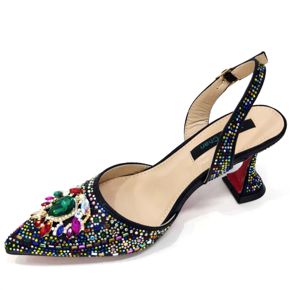 Nigerian Heel Party for Women Blue Color Shoes and Bag Set Rhinestone Handbag Italian Design Wedding INS 2025