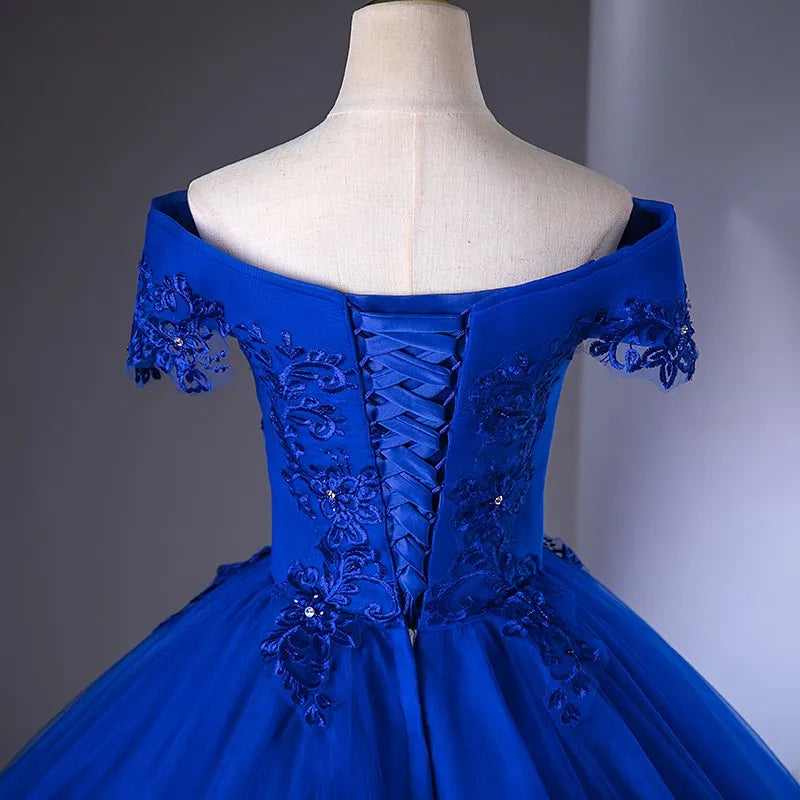 Royal Blue Off The Shoulder Lace Wedding Dress Appliques Beading Bride Dress Vintage Bridal Dresses Plus Size Customized