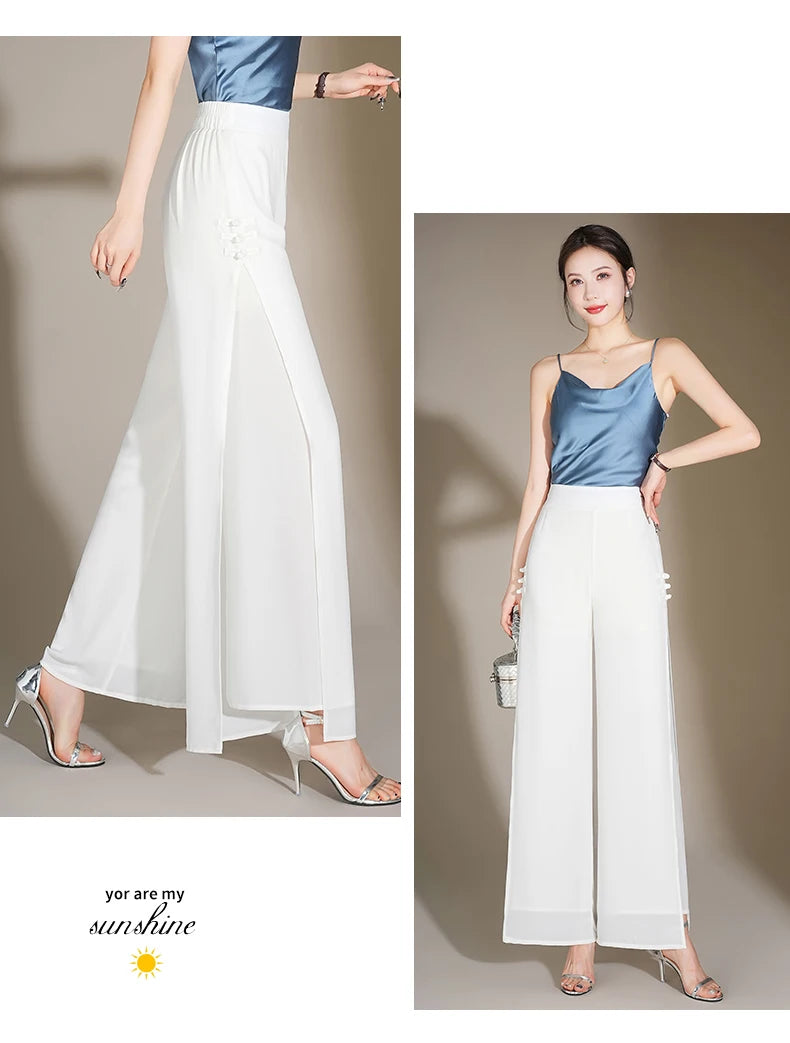 ZUZK Slit Chiffon Long Pants Summer Comfortable Elastic Waist Slim Double Layer Chiffon Pants Chic Droop Chinese Style Pants