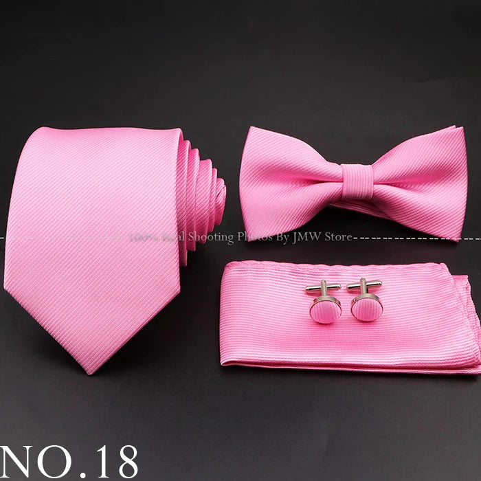Hot Sale Red Blue Tie Set Polyester Slim Striped Necktie Bowtie Cufflink Brooch For Groom Suit Wedding Cravat Shirt Accessory