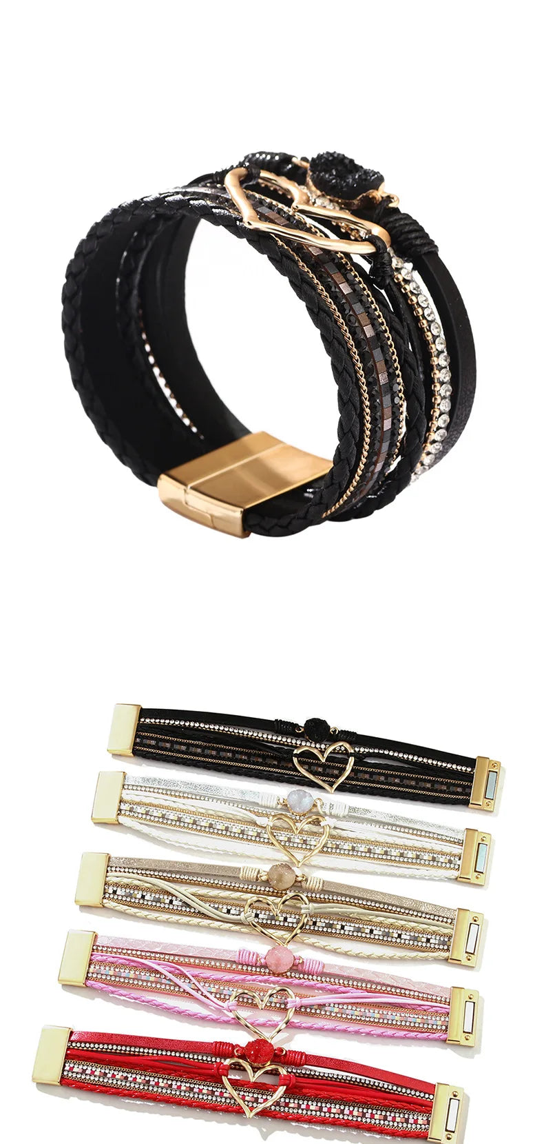 WYBU Love Heart Charm Leather Bracelets For Women Fashion Braided Bangles Multilayer Resin Stone Hollow Leather Wrap Bracelets