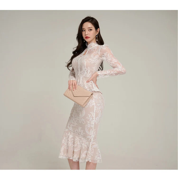 Spring Professional Woman Lace 2 Pieces Set Simple Tops + Vintage High Waist Mermaid Skirt Korean Skirts Suits