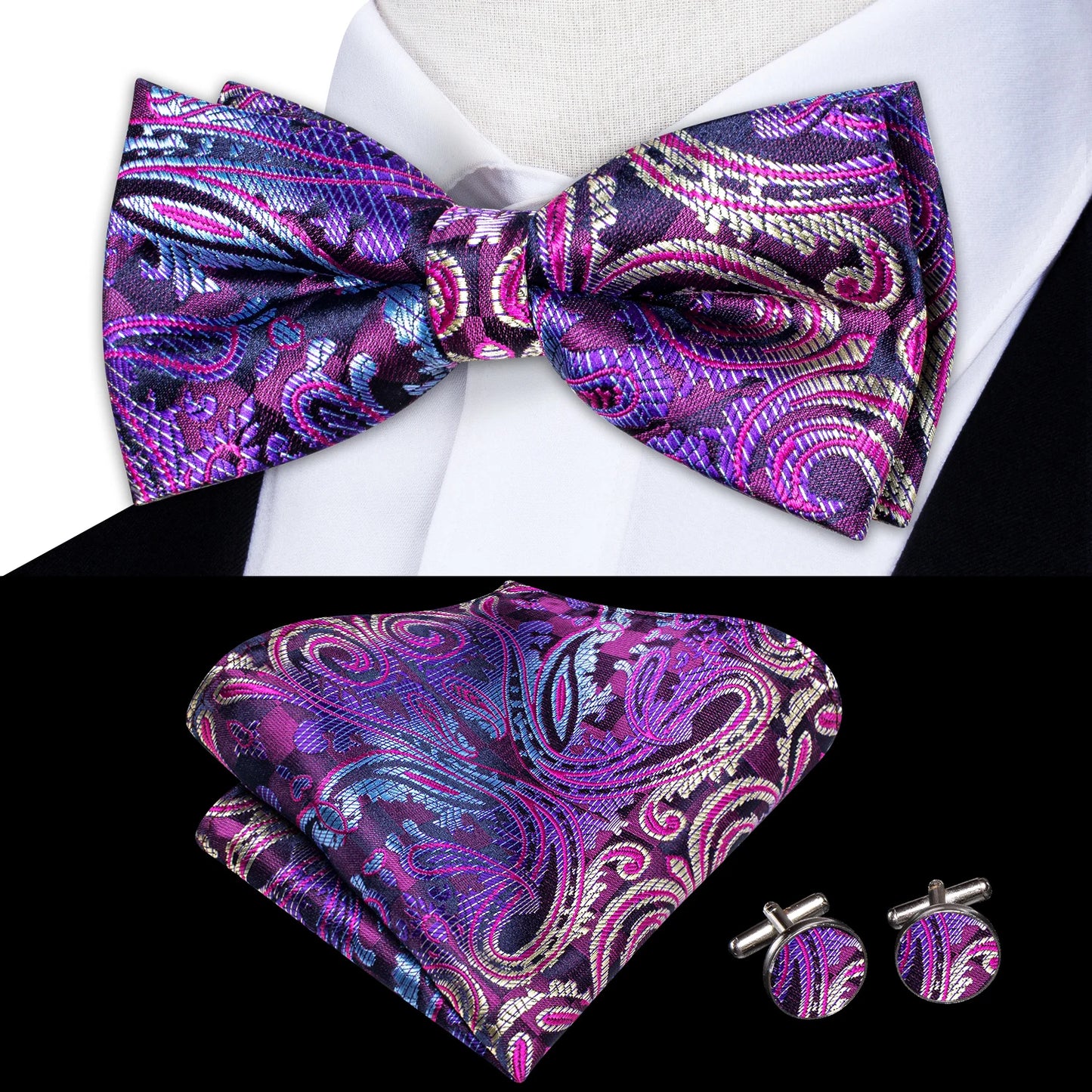 Hi-Tie Pink Dot Silk Mens Pre-tied Bow Tie Hanky Cufflink Set Dusty Pink Butterfly Knot Bowtie for Male Wedding Business