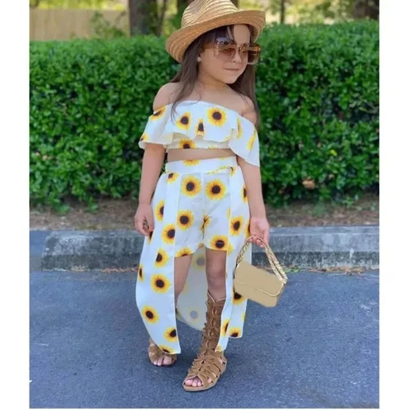 Kids Girls Clothing Sets Floral Print Off Shoulder Crop Top and Culotte Skirt Suits ( Not Include Hats, Bags,Glasses)