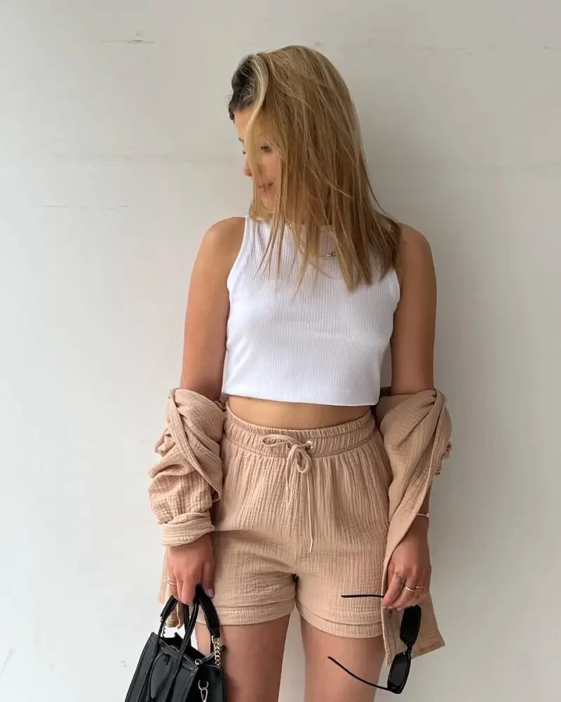 Short Sets Women Tracksuit Single Breasted Cardigan Blouses Two Pieces Shorts Loose Button High Street Solid Pockets Folds