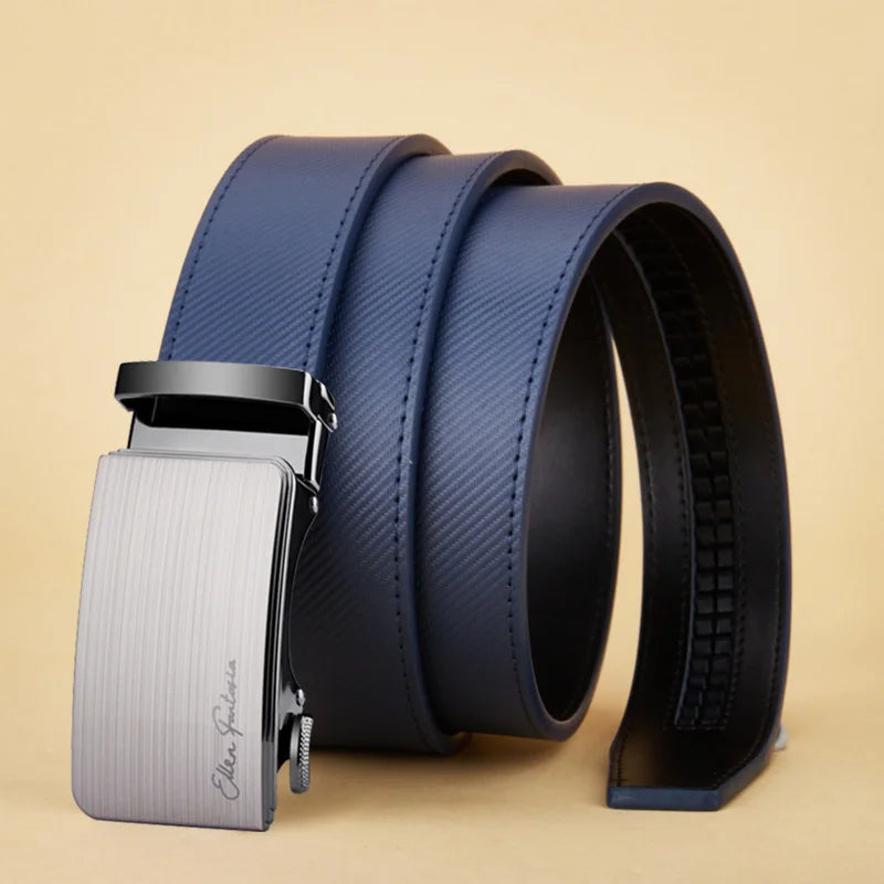 OYIFAN Men's Belt Blue Striped Belt Fashion Jeans Belt Genuine Leather Belt Automatic Buckle Belts