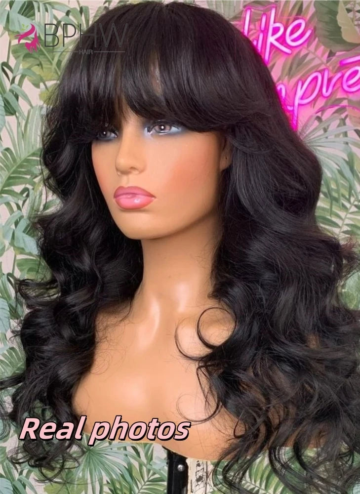 BPHW 12A Body Wave Wig With Bangs 30 inches Body Wave Human Hair Wigs 180% Density Fringe Remy Full Machine Made Wig For Women
