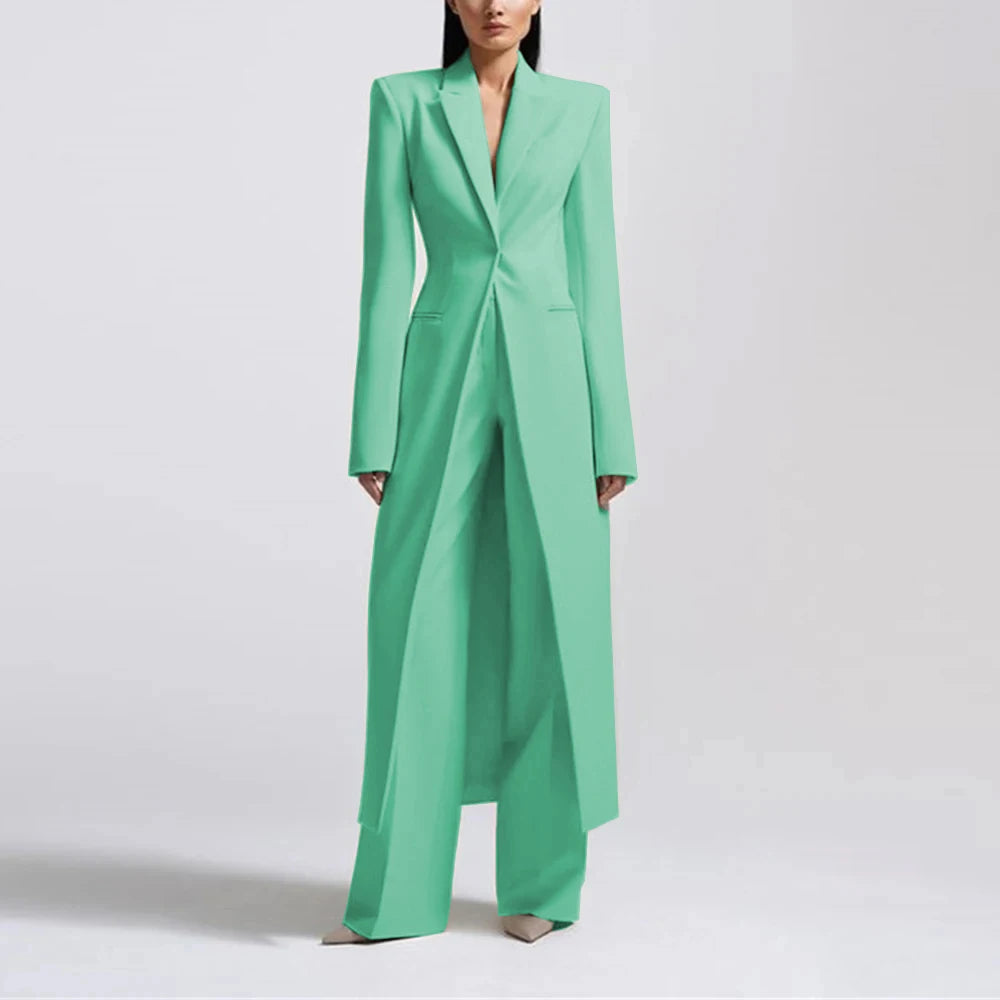 Fashion Beige Women's Blazer PantsSuit Peak Lapel Long Coat Wedding Formal Suits Office Lady Jacket Pant 2 Piece