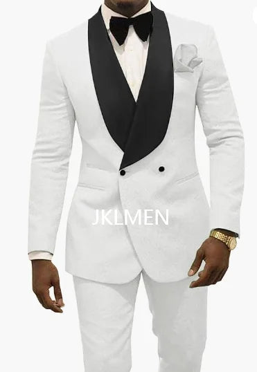 Custom Pour Hommes Made Groomsmen White Pattern Groom Tuxedos Shawl Lapel Suits 2PCS Wedding ( Jacket+Pants )Costume Homme