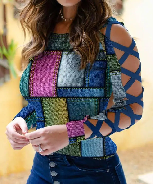Fashion Blouse for Women Spring Round Neck Long Sleeve Crisscross Hollow Out Design Colorblock Cold Shoulder Top Pullover