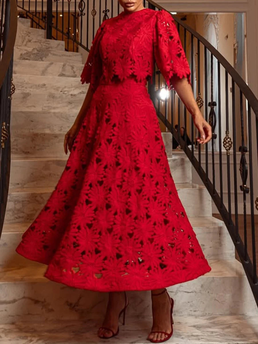 VGH Embroidery Two Piece Set for Women O Neck Batwing Sleeve Top High Waist Hollow Out A Line Long Skirt Elegant Suit Female New