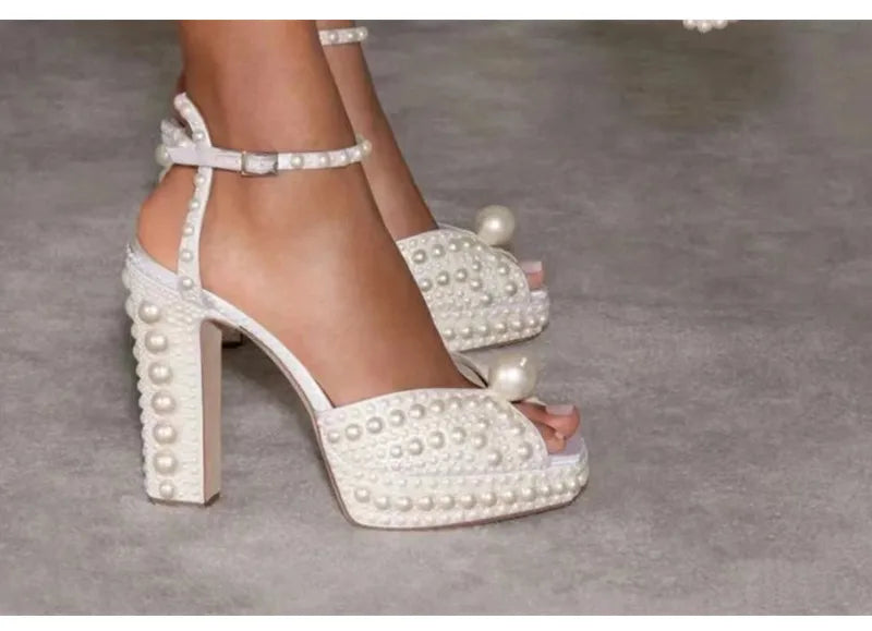 Fully Handmade Luxury Pearls Thick Heeled Peep toe Women Sandals Summer Fashion Platform Wedges High heels Wedding Banquet Shoes
