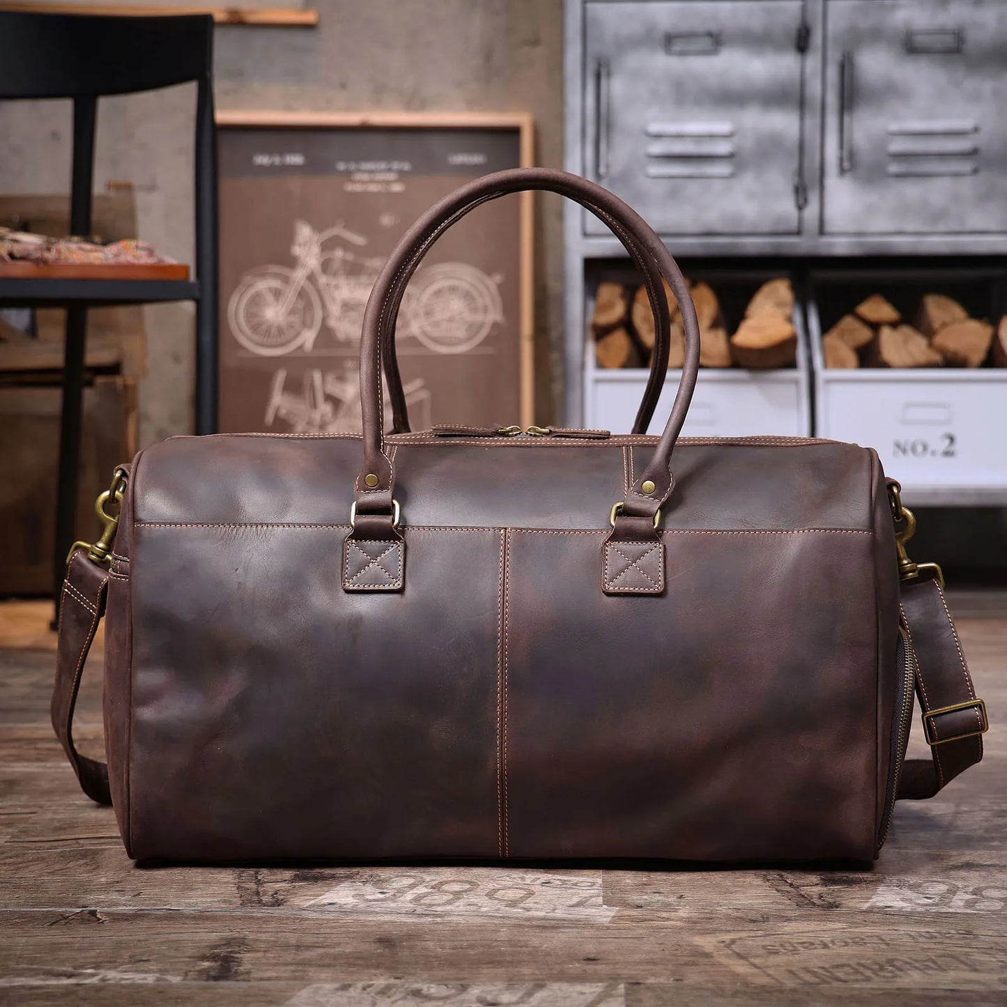 S.WORKER Vintage Genuine Leather Travel Bag Crazy-horse Cowhide Leather Duffel Bag Handicrafted Weekender Bag Gym Bag