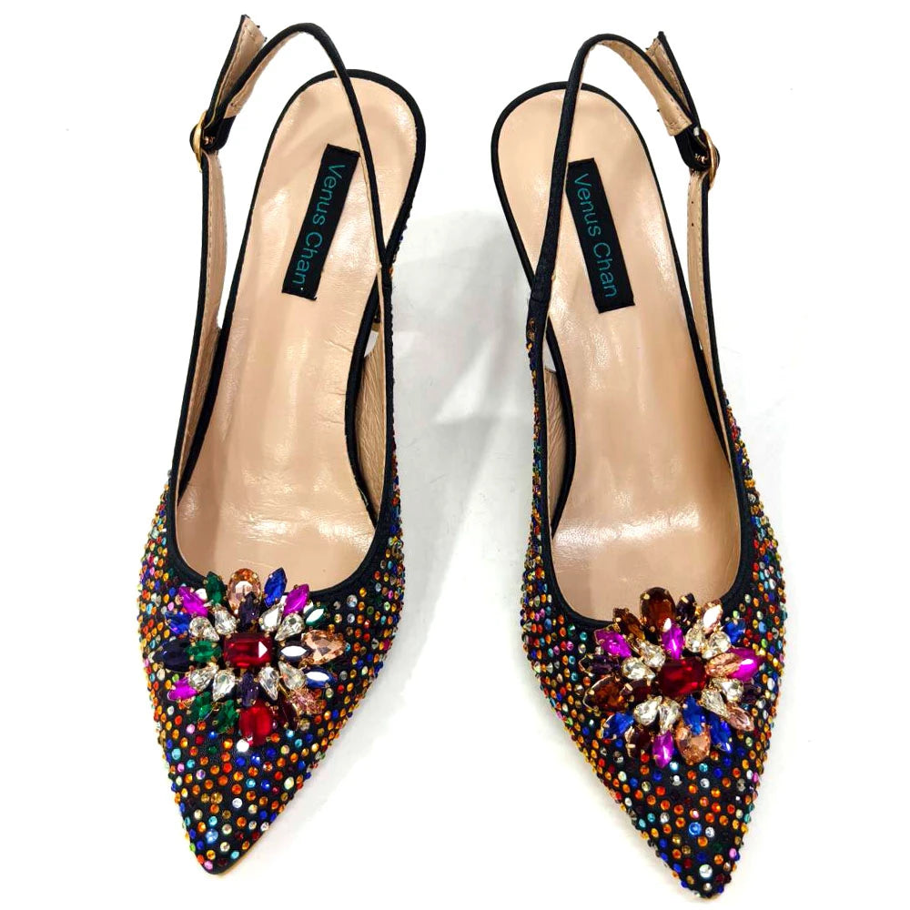 Venus Chan Nigerian Women Heel Party Ladies Italian Design Shoes And Bag Set Decorated with Rhinestone Handbag Wedding Party