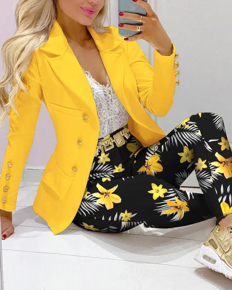 Fashion Butterfly Print Blazer Suit and Pants Two Piece Set for Women 2023 Autumn Winter Outfit Office Lady Casual Clothing