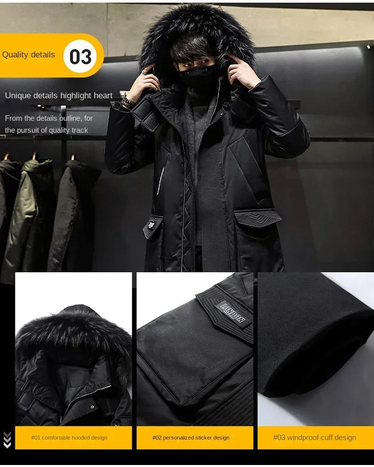 Men's Thickened Down Jacket Hooded Faux Fur Collar Winter Long Parka Jacket Outdoor Street Fashion Jacket Men's Clothing 2024