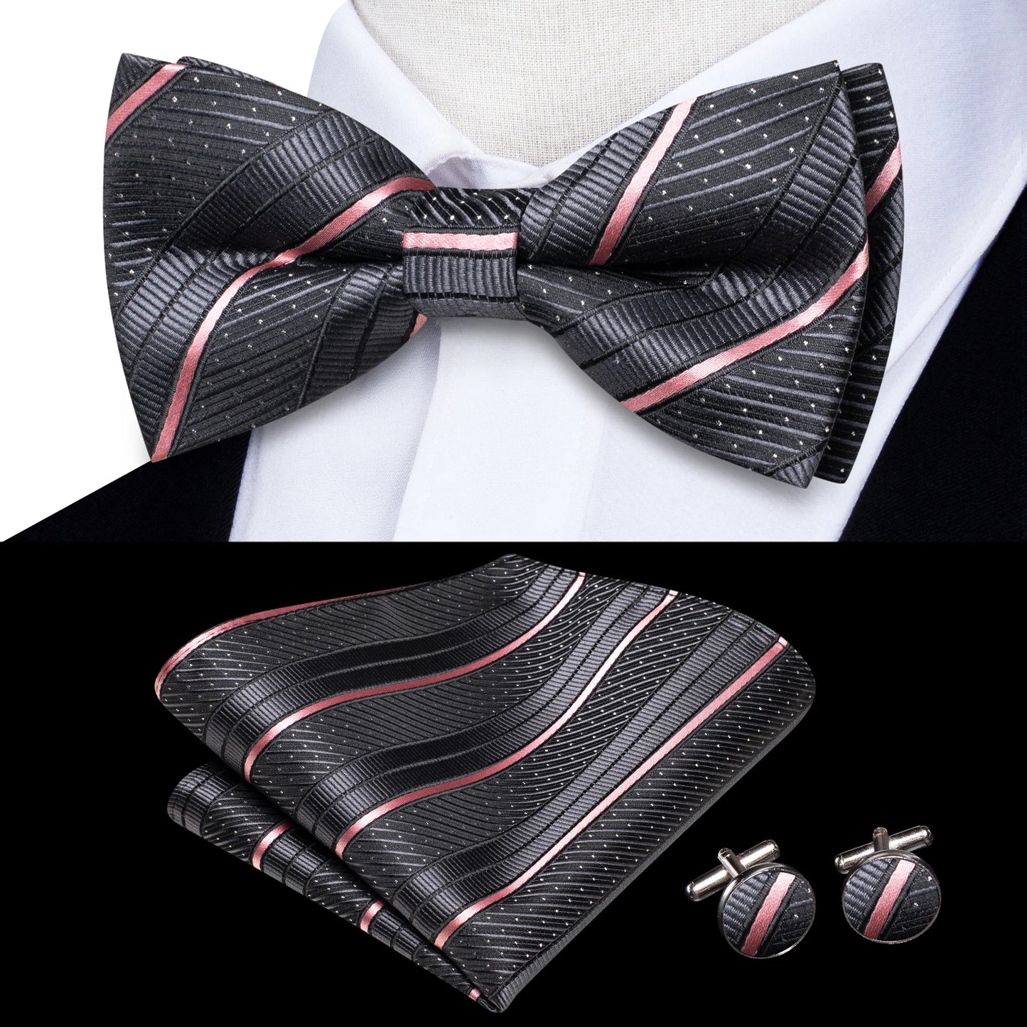 Hi-Tie Pink Dot Silk Mens Pre-tied Bow Tie Hanky Cufflink Set Dusty Pink Butterfly Knot Bowtie for Male Wedding Business