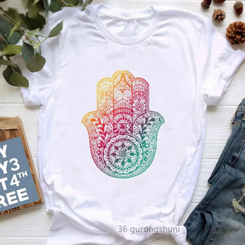 Newest Yoga Tree Print Tshirt Girls Summer Fashion Short Sleeve T Shirt Women Buddha Chakra Meditation T-Shirt Female Wholesale
