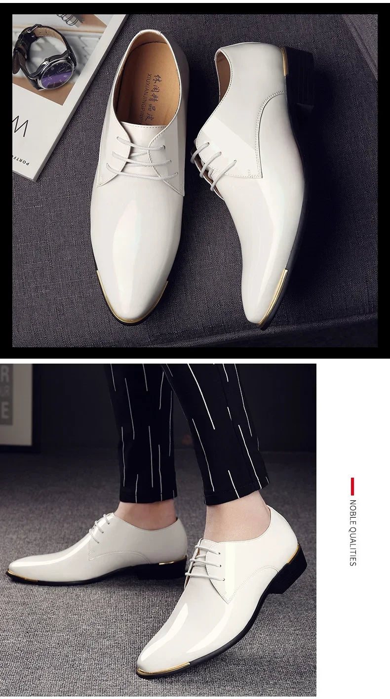 2024 New Men’s Patent Leather Shoes British Style Men's Dress Shoes Lace Up Pointed Toe Wedding Business Party Social Shoe Male